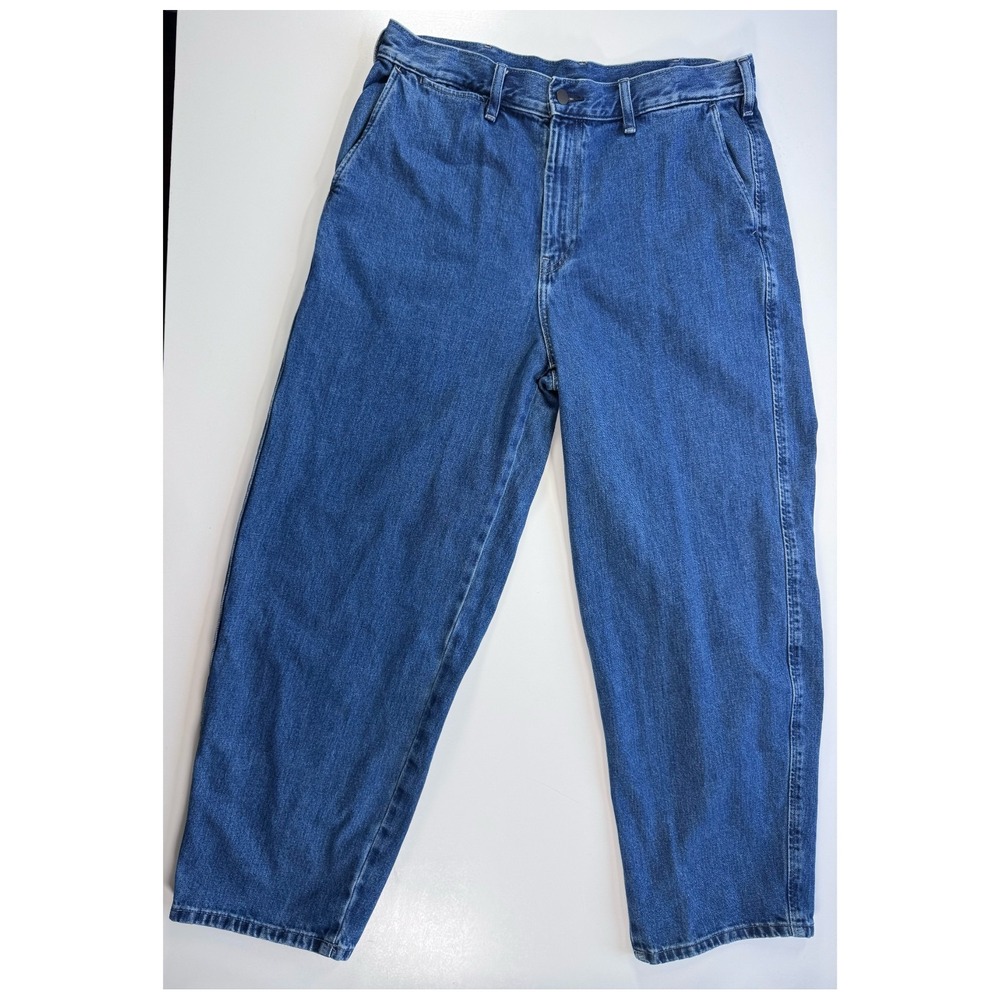 UNIQLO Wide Baggy Tapered Jeans Denim Unisex Large Slash Pockets Loose Blue